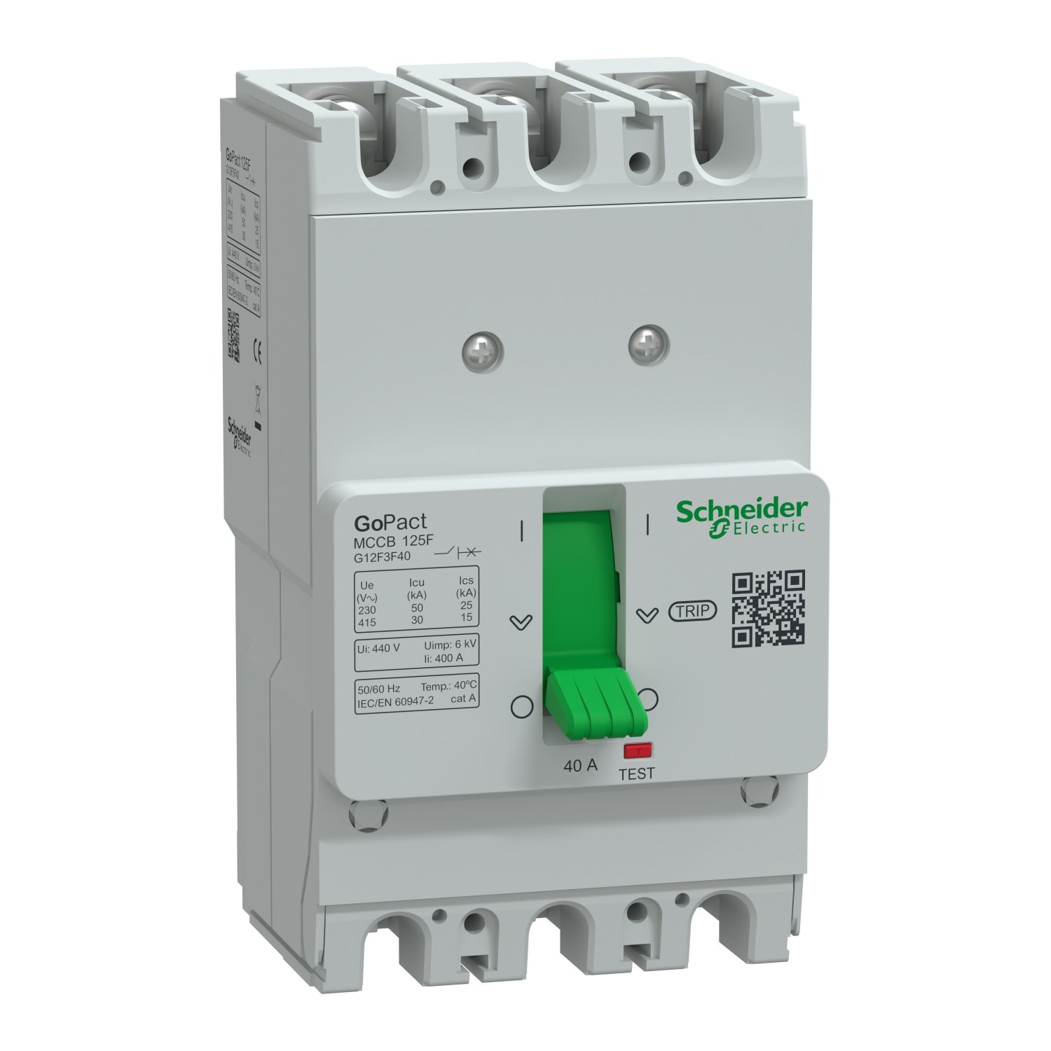 Schneider G12F3F40 | Circuit breaker, GoPact MCCB 125, 3 poles, 30kA at 415VAC, 40A rating, TMD trip unit, fixed thermal protection