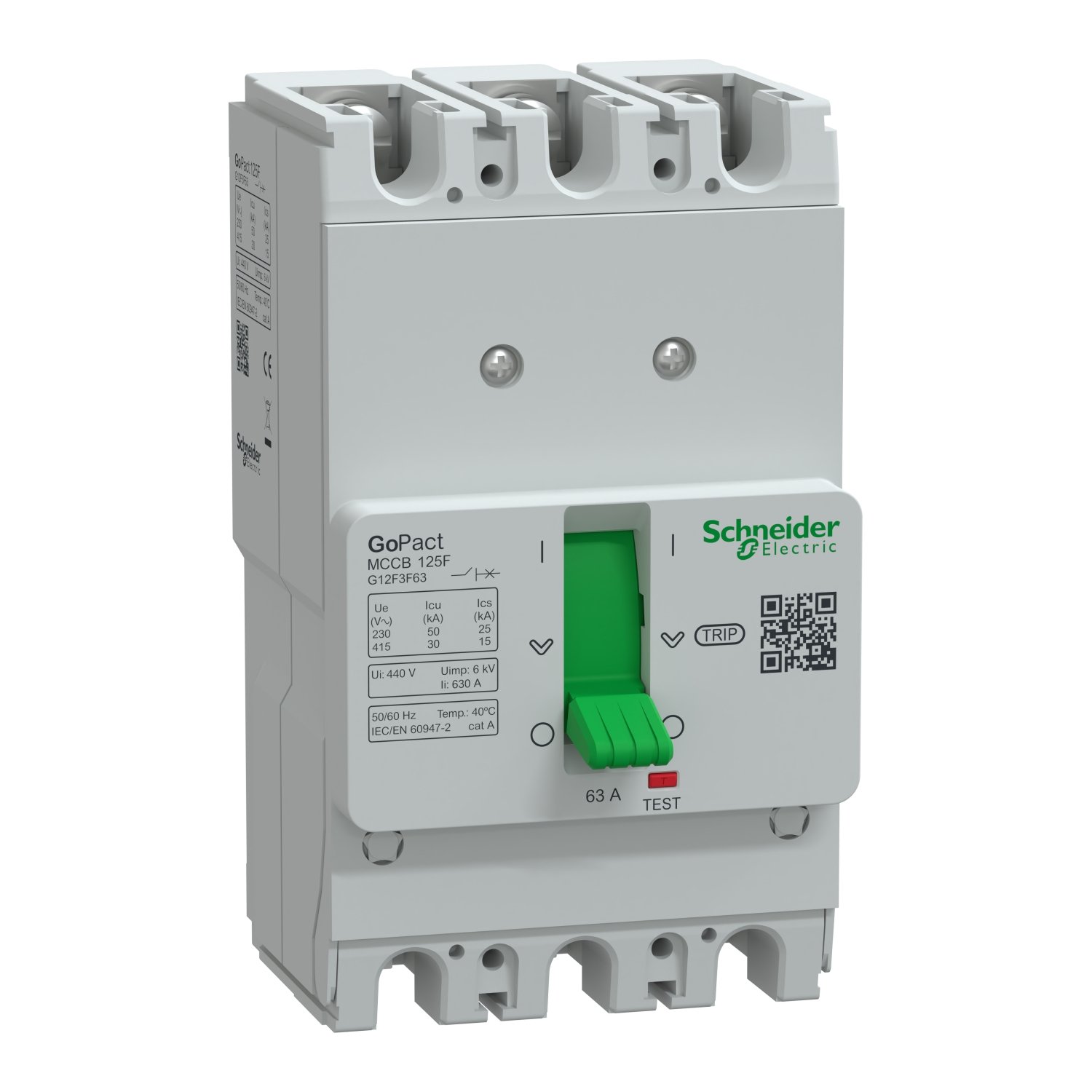 Schneider G12F3F63 | Circuit breaker, GoPact MCCB 125, 3 poles, 30kA at 415VAC, 63A rating, TMD trip unit, fixed thermal protection