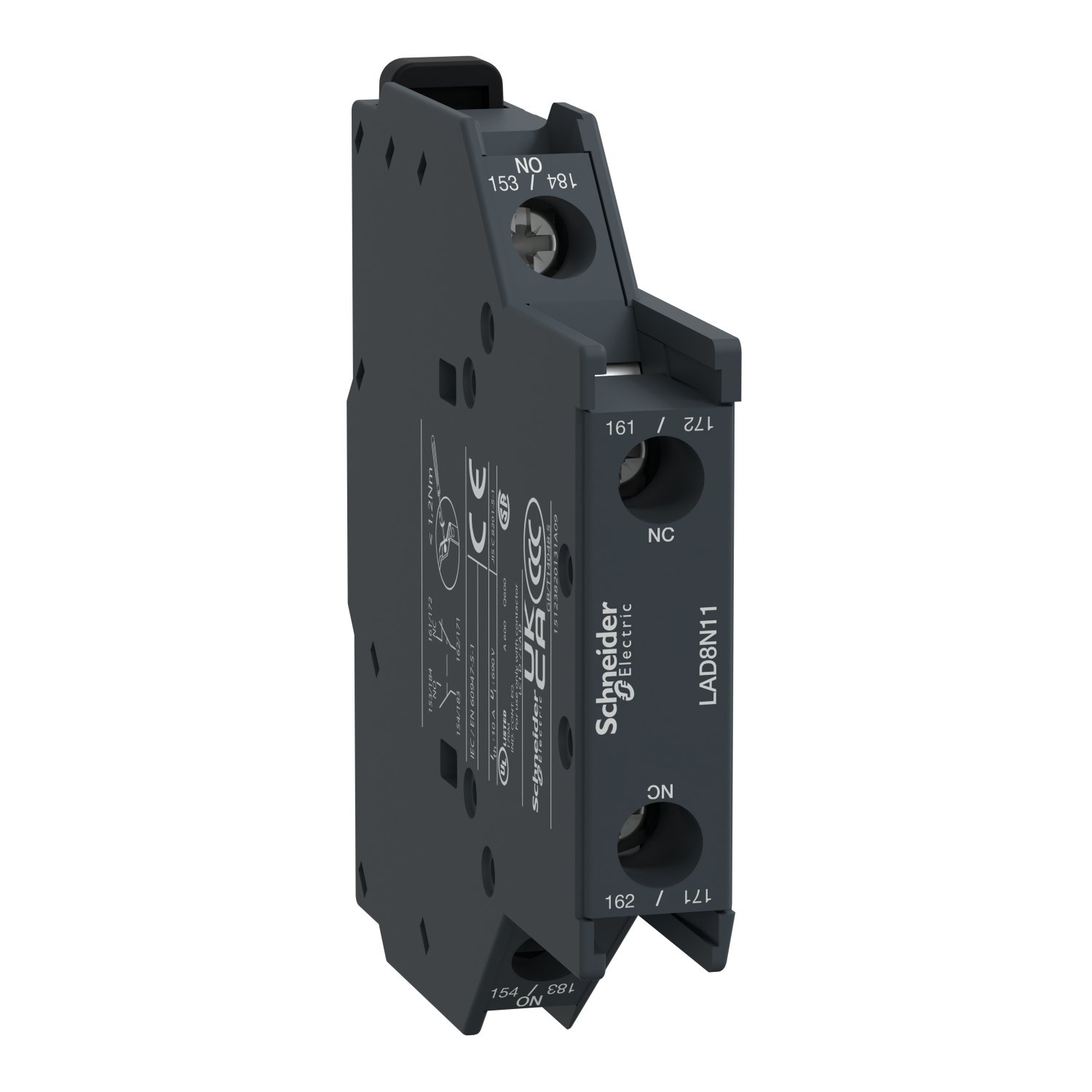 Schneider LAD8N11 TeSys | Auxiliary contact block, TeSys D, 1NO + 1NC, side mounting, screw terminals