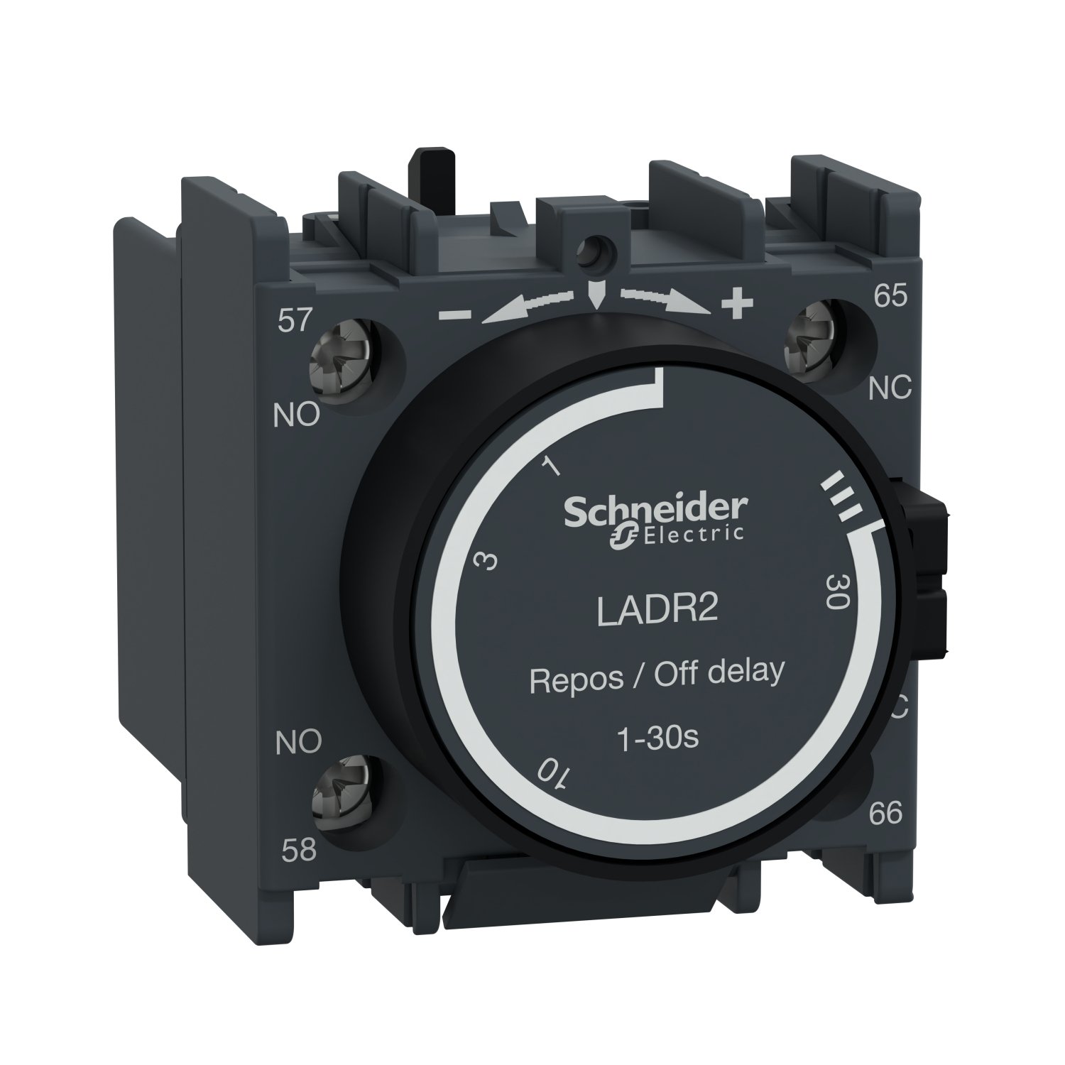 Schneider LADR2 | Time delay auxiliary contact block, TeSys D, 1NO + 1NC, off delay 1-30 s, front mounting, screw terminals