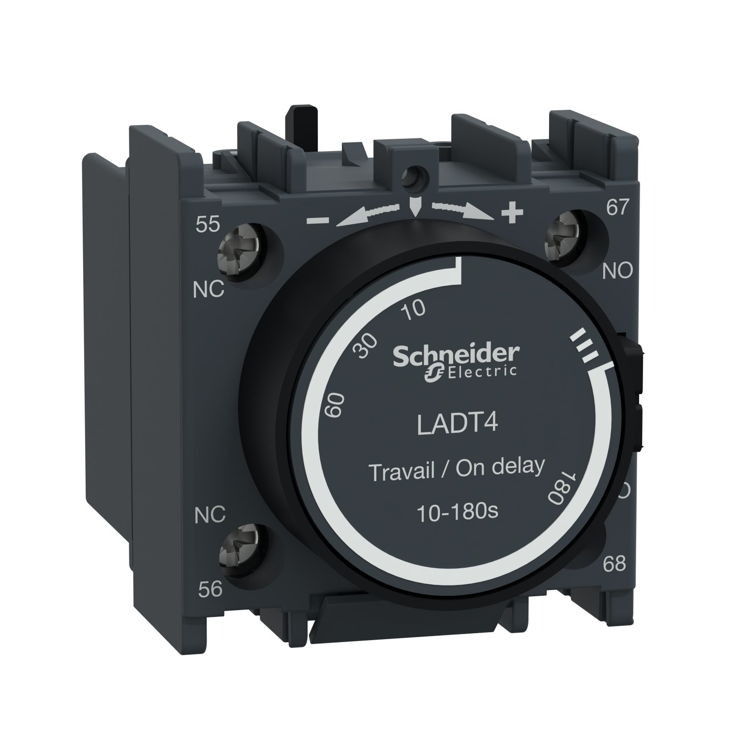 Schneider LADT4 | Time delay auxiliary contact block, TeSys D, 1NO + 1NC, on delay 10-180 s, front mounting, screw terminals