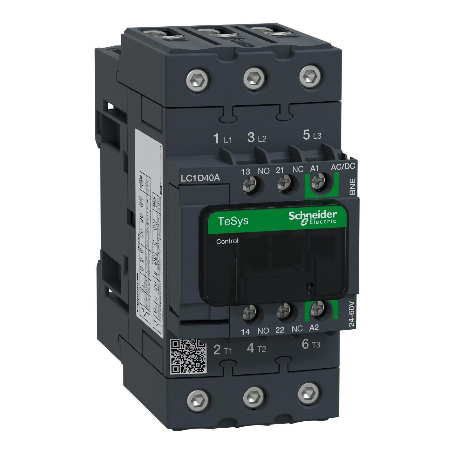 Schneider LC1D40ABNE Contactor | TeSys D3P 40A AC-3 up to 440V coil 24-60V AC/DC EverLink