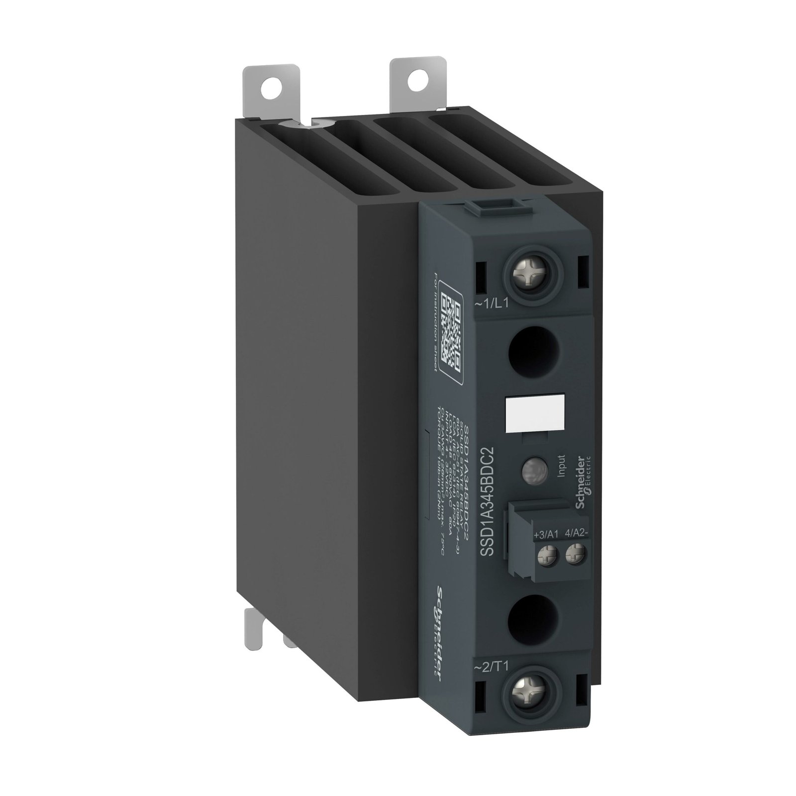 Schneider SSD1A345BDC2 Harmony | DIN rail mount, Harmony Solid State Relays, 45A, zeroVoltage switching, contactor configuration screw input, input 4 to 32V DC, output 48 to 600V AC