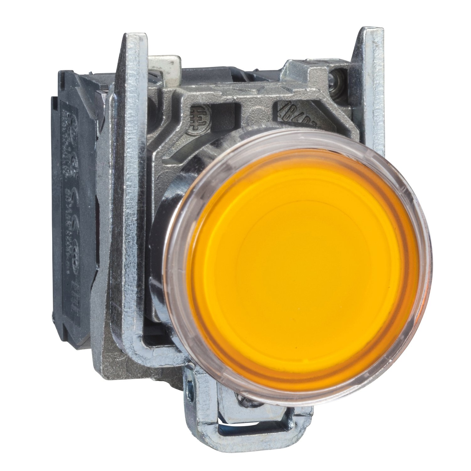 Schneider XB4BW3565 | Illuminated push button, metal, flush, orange, Ø22, spring return, <= 250 V, 1 NO + 1 NC